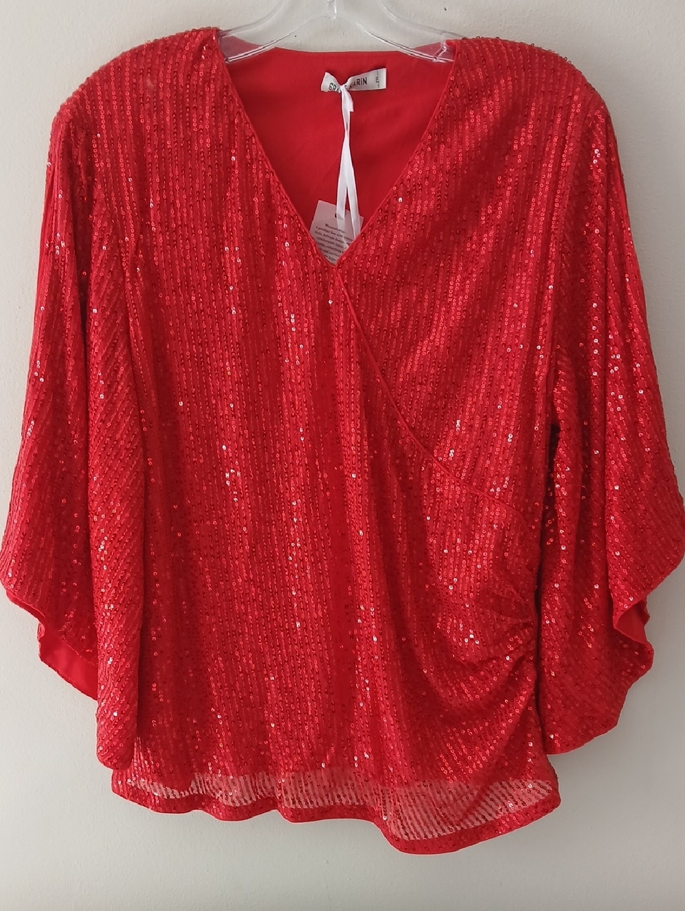 Grace Karin Red Sequin V-Neck Draped Tunic Top